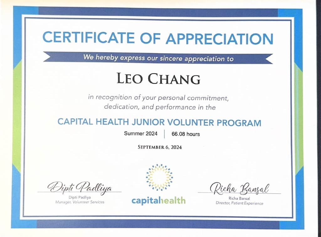 Capital Health Volunteer Certificate